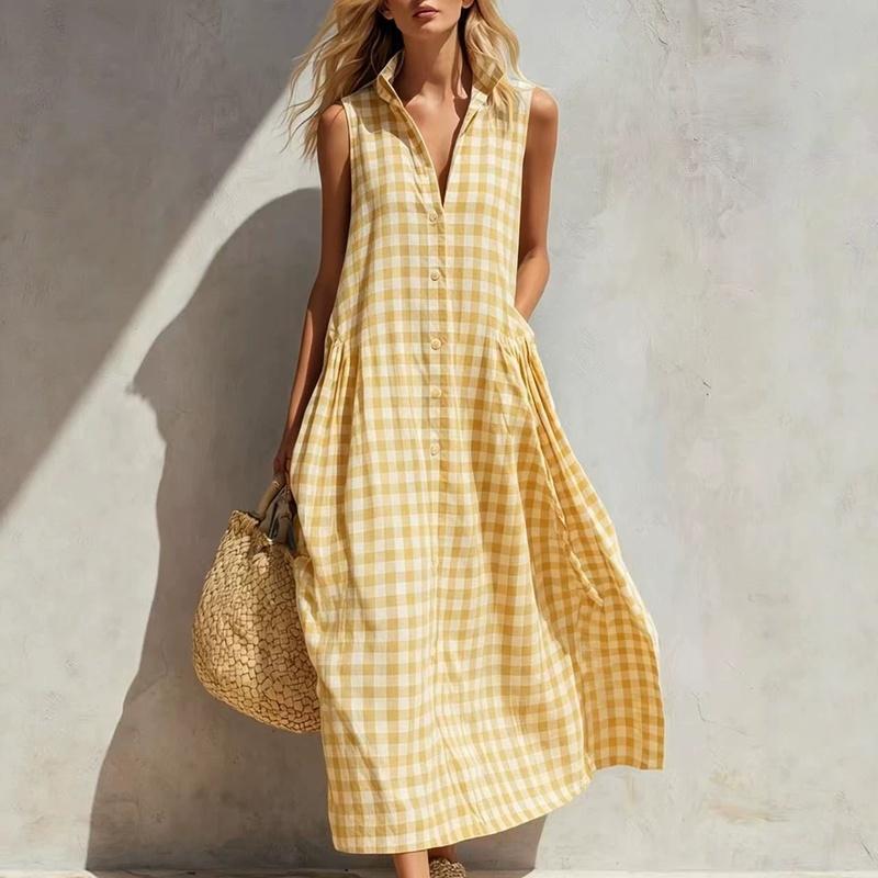 Women's Gingham Sleeveless Collared Loose Maxi Dress Casual Summer Dress