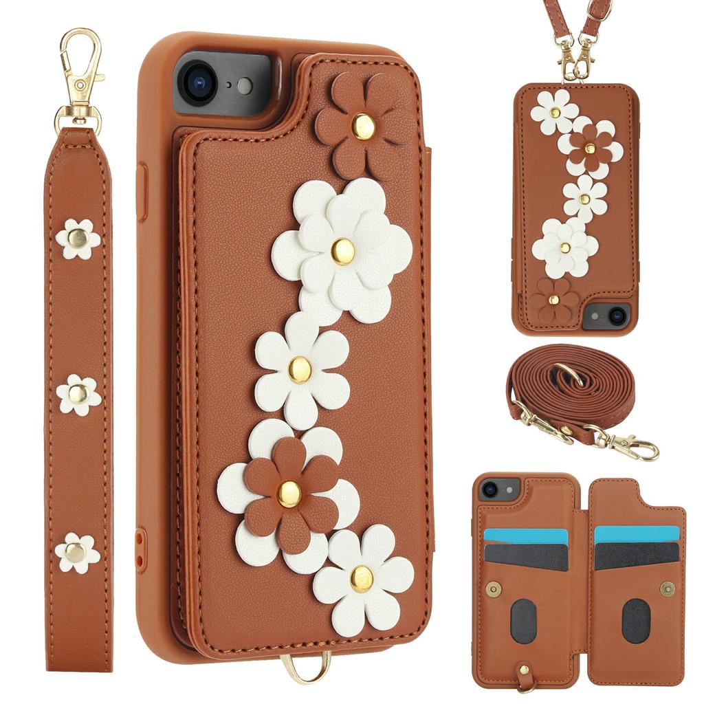 SY-001 For iPhone 16e Case Card Slots Leather Coated TPU Flower Phone Cover