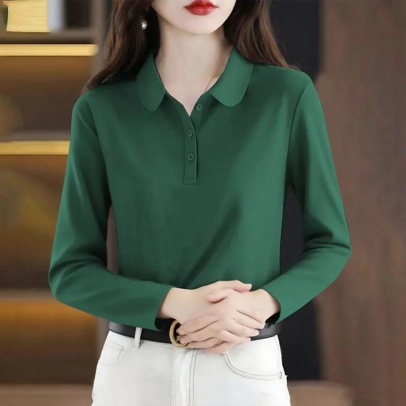 Autumn Women's Polo Shirt Long Sleeve Solid Color Casual Top