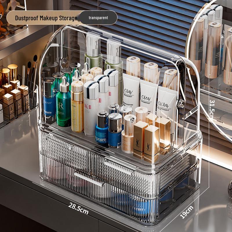 Elegancki dwuwarstwowy pyłoszczelny organizer na kosmetyki z uchylnym wiekiem na makijaż i pielęgnację skóry.