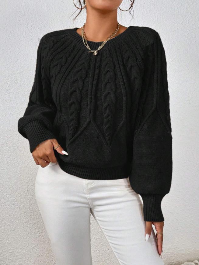 Women's Knit Pullover Sweater Crew Neck Long Sleeve Cable Knit Pattern Ribbed Hem and Cuffs Casual Loose Fit Top