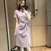 French Skirt Women's New Summer Dress Summer New Purple Short-sleeved Split Fork Medium and Long