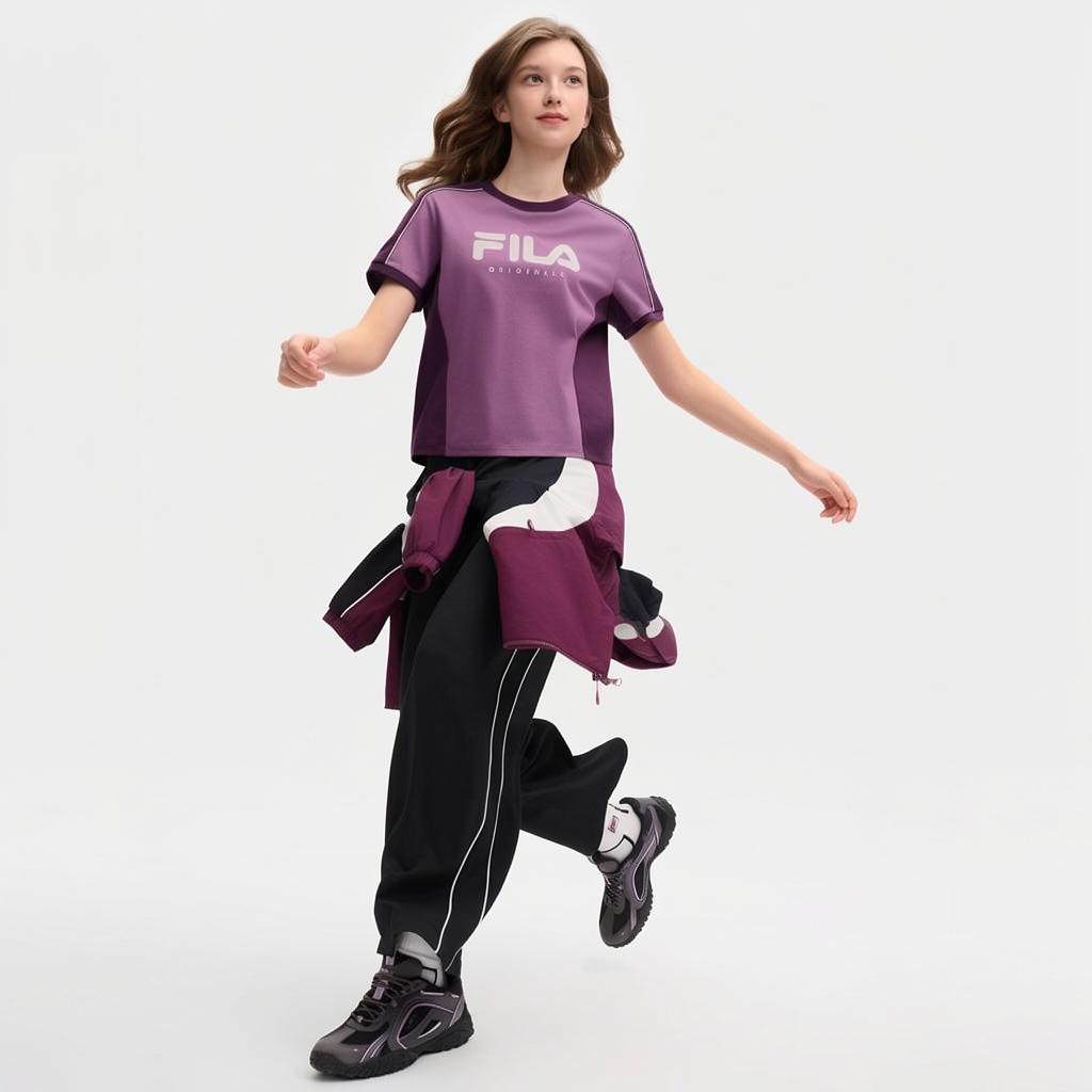 FILA Versatile Casual Color Block Knit Short Sleeve Round Neck T-Shirt Women Tops Diamond-Purple F11W519101FPU