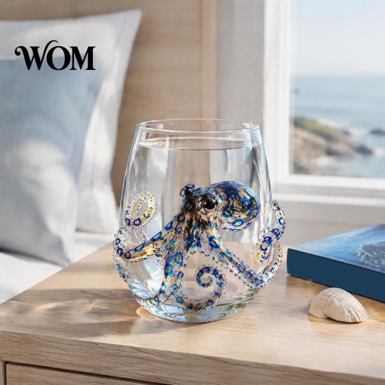 Unique Coastal Style Drinking Glass 12oz Octopus Water Cup, Embossed Design, Hand Painted Marine Gift for Ocean Lovers Home Bar Decor Cup