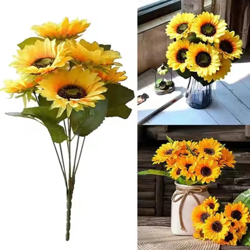 7 Head Artificial Flowers Silk Sunflower Wedding Bridal Bouquet Home Room Table Decor Outdoor Yard Garden Wall Festival Diy Gift