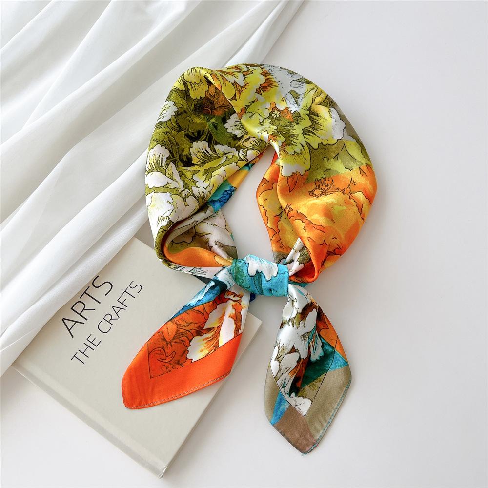 Luxury Silk Square Scarf Women Shawl Fashion French Flower Print Design Satin Hijab Wraps Neckerchief Female Hair Bands 70*70Cm