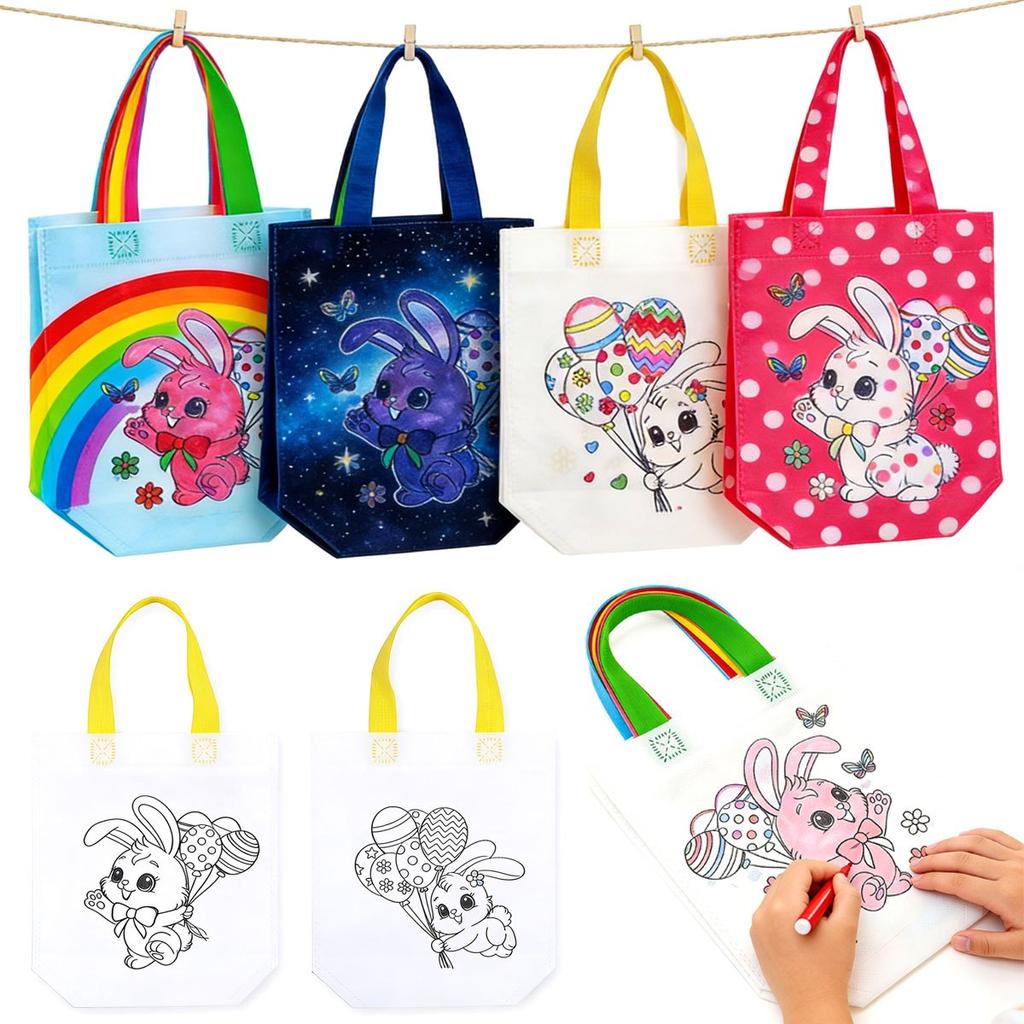 8Pcs Easter Non-Woven DIY Graffiti Bags - Double-Sided Cartoon Egg & Rabbit Design, Creative Painting Handbags for Easter ZSY