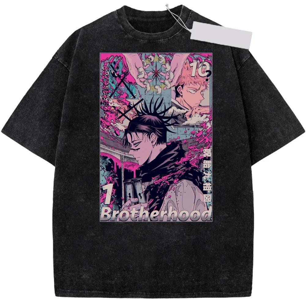 Jujutsu Kaisen Gojo Satoru Kampfhaltung Vintage Washed Anime T-Shirt, Unisex Dark Fantasy Anime Fan Streetwear Tee, 100% Baumwolle Lässig Kurzarm