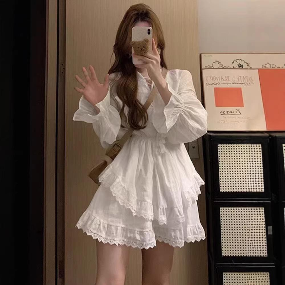 White Super Fairy Waist Thin Long-sleeved Dress Women's Spring and Autumn Fluffy Cake Dress Temperament Sweet Little White Skirt