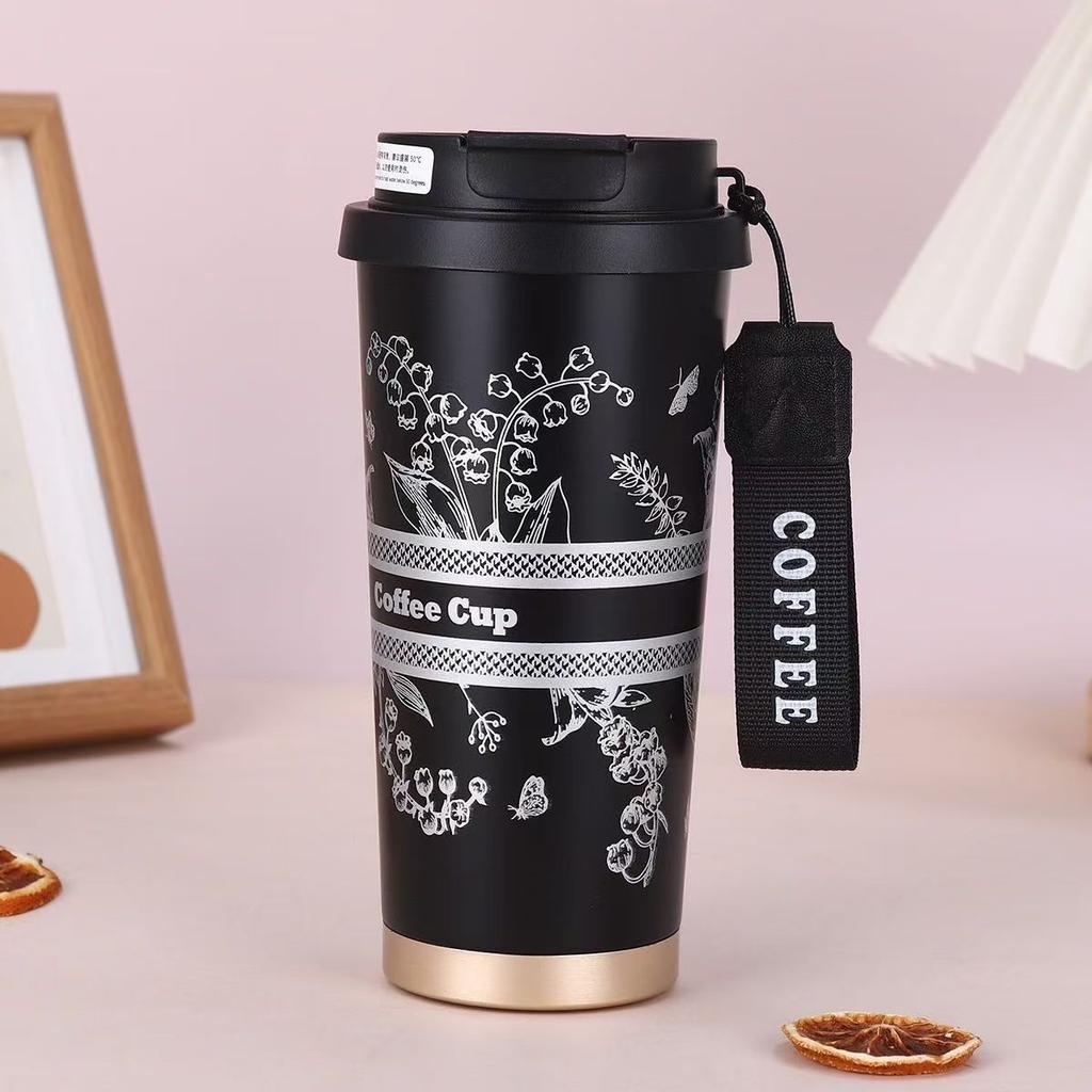 Woman Flower Coffee Mug 500ml Stainless Steel Vacuum Flask Straw and Directly Drinking Insulated Tumbler Thermal Cup Gift