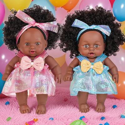 Poupée Reborn Noire 8 Pouces avec Robe Cheveux Bouclés 20cm Poupée Bébé Réaliste Jouets de Simulation Corps Entier en Vinyle pour Filles Cadeau d'Anniversaire
