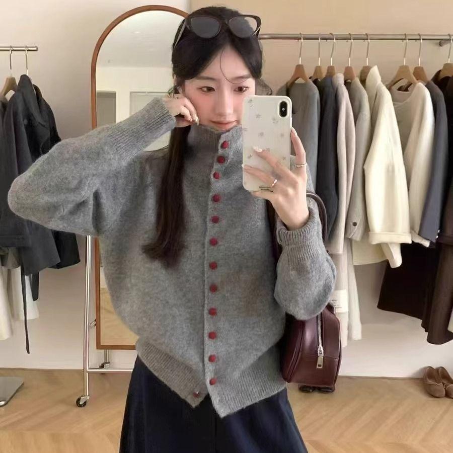 2024 A/W Women's High Neck Knit Cardigan - Single-Breasted, Solid Color, Loose Fit Sweater.
