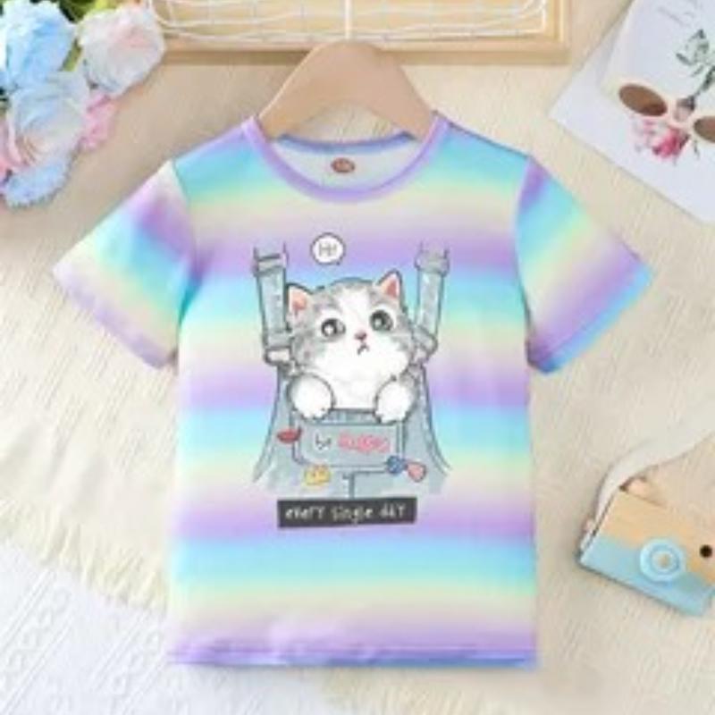 Children's Cartoon Unicorn Print Cute Tie Dye Multi-color T-shirts Girls Fashionable Soft Comfortable T-shirt
