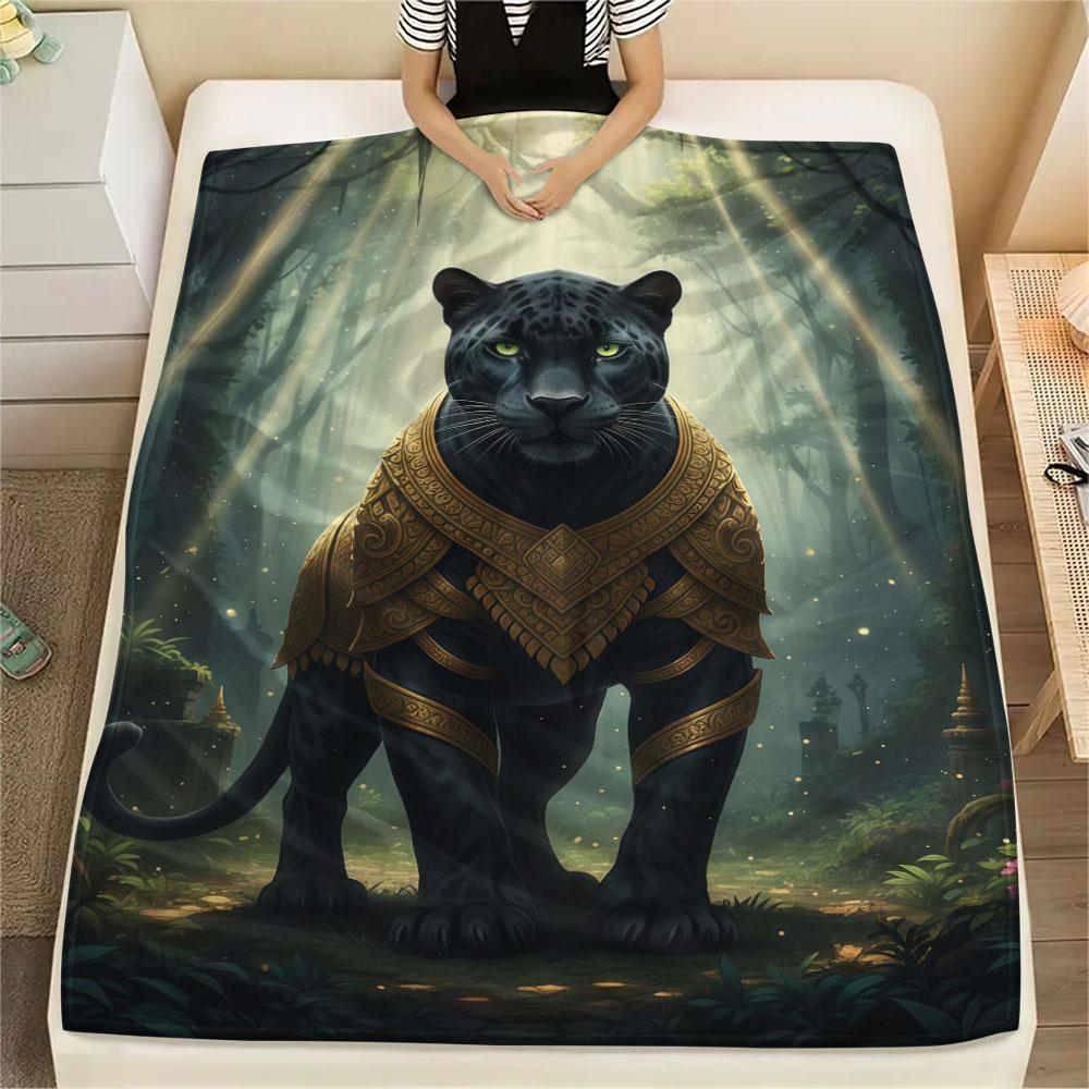 1Pc Golden-armoredanimals Print Flannel Blanket, High Quality Comfortable for All Seasons, Home Decor, Warmth and Comfort, Perfect for Christmas Gifts
