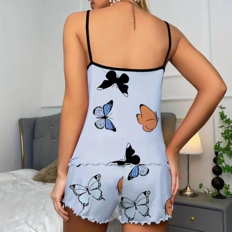 Women's Pajama Set Butterfly Print Sleepwear Summer Sleeveless Cami Tops & Shorts Pyjama Pjs Suit Soft  Home Clothes Loungewear