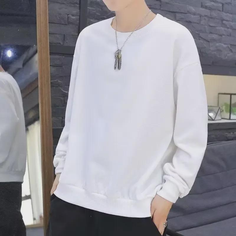 Men's Long-Sleeve Round Neck Solid T-Shirt, Casual Loose Fit, Hong Kong & Korean Style