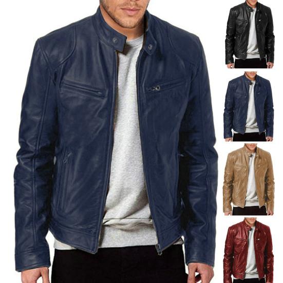Men Motorcycle Coat Faux Leather Windproof Stand Collar Solid Color Zipper Pockets