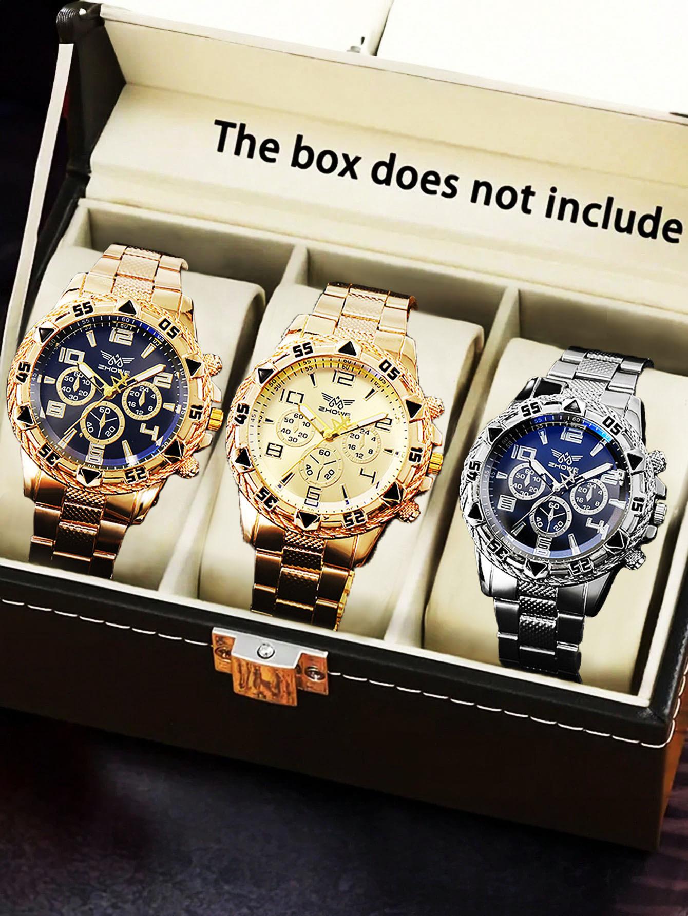 Men S Business Watch Steel Belt Quartz Watch Fake Three-Eye Watch Men S + Sports Electronic Watch Three-Piece Men S Watch