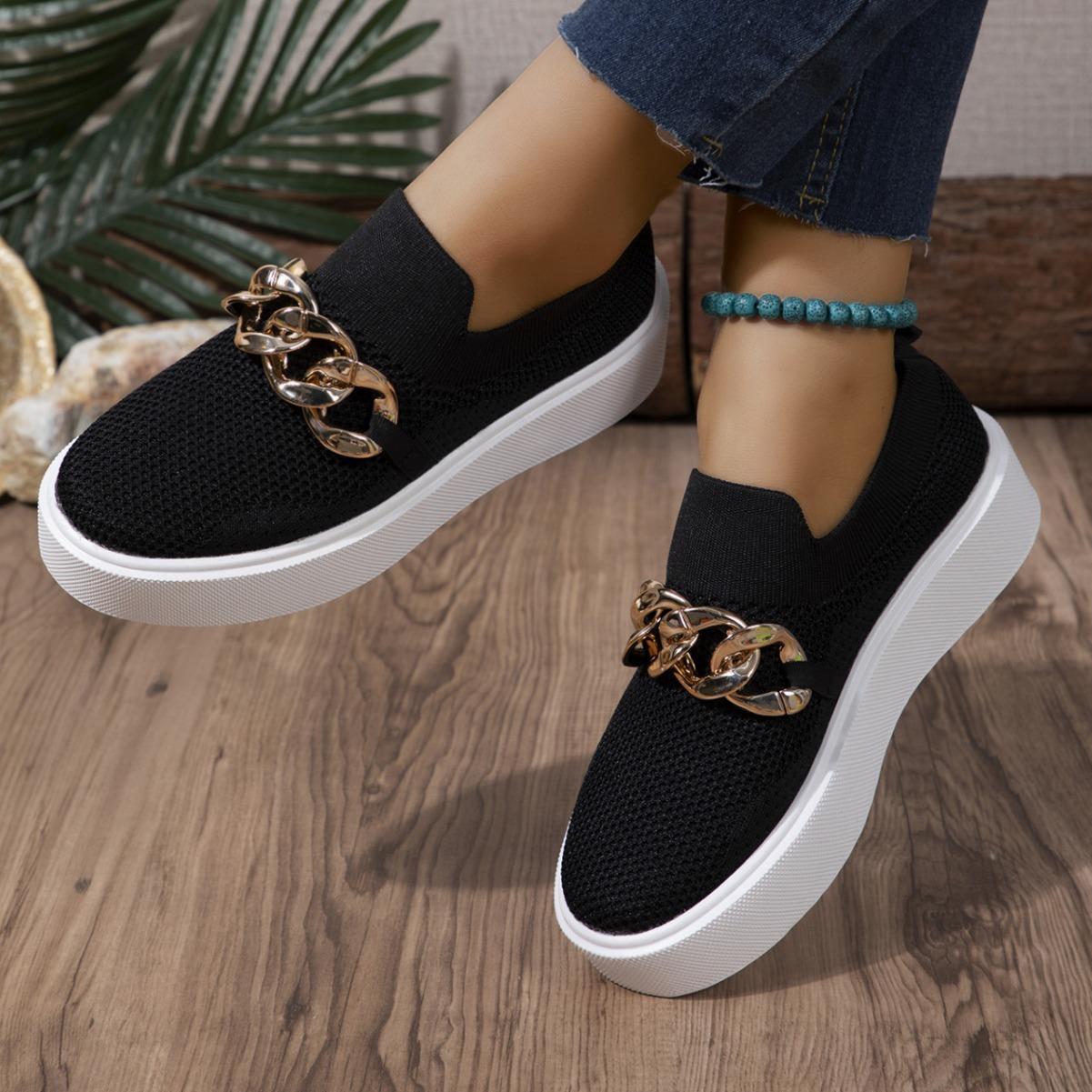 

European and American large size 2024 new thick-soled fly-woven breathable gold chain foot cover lazy one-pedal shoes 44 чорний
