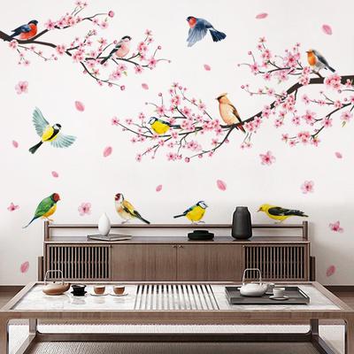 Large Cherry Blossom Branch Birds Wall Sticker Pink Plum Florals Wall Decals for Living Room Sofa TV Background Decoration