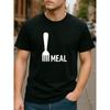European Sizes Fork MEAL Text Print, Lightweight Round-neck Short-sleeved, Suitable for Daily and Home Wear, Patterned Printed Round-neck T-shirt
