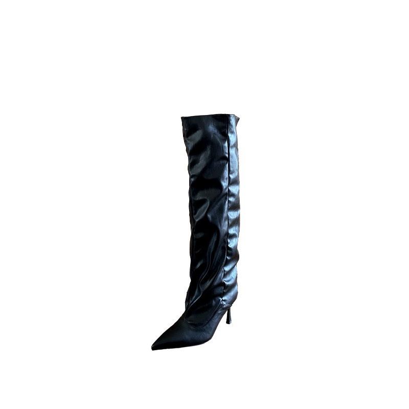 2025 European and American style Internet celebrity wide tube wrinkled pointed high heel piled boots