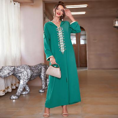 Women's Clothing Solid Color Hooded Rhinestone Loose Robe Muslim Dress