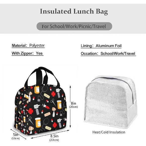 Nurse Theme Lunch Bag for Women Insulated Tote Bag Reusable Cooler Lunch Box for Work Picnic Travel, One Size