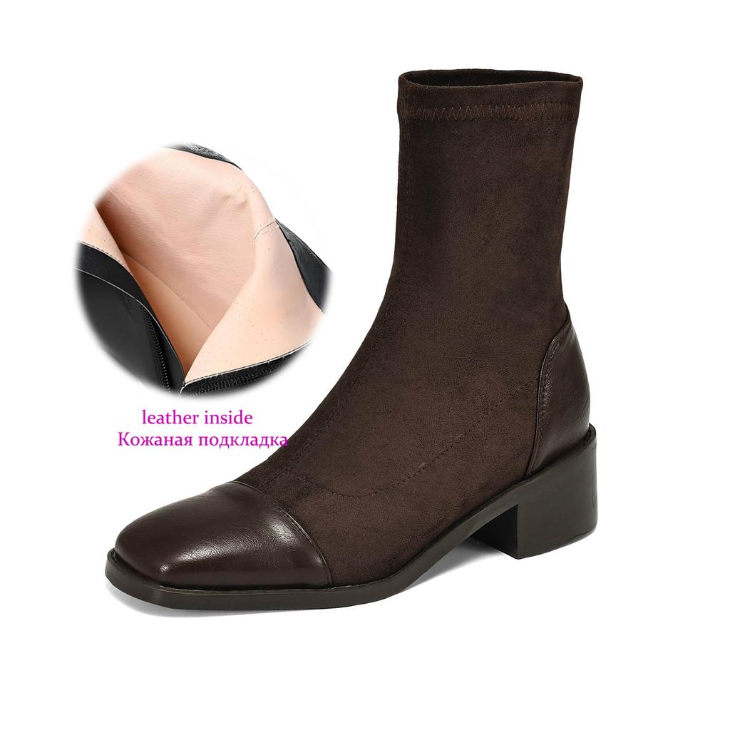 Krazing Pot Microfiber Flock Autumn Winter Shoes Thick Med Heels Size 43 Elastic Boots Stretch Patch Work Ankle Boots