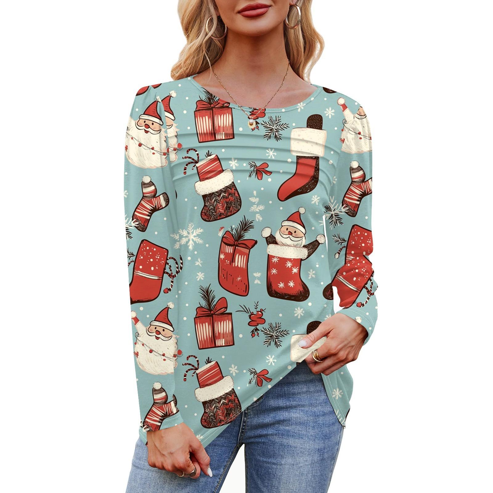 

Женская футболка с круглым вырезом и длинными рукавами с принтом рождественской елки и снежинки XXL зелёный