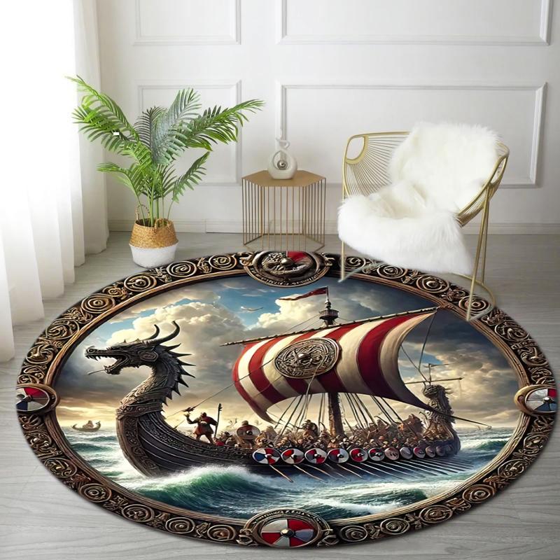 1Pc Viking theme Printed circular carpet, home door mat, outdoor travel protection carpet A12