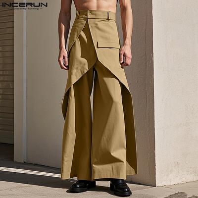 Pánské zavinovací kalhoty s vysokým pasem, patchworkovým potiskem a ležérním rovným střihem na zip