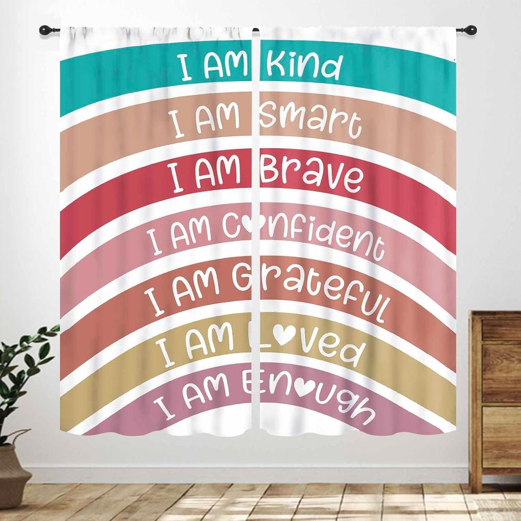 Rainbow Quote Curtains Kids Cartoon Cute Flowers Sun Lovely Inspirational Motivational Words Boys Girls Bedroom Window Polyester Decor Treatment