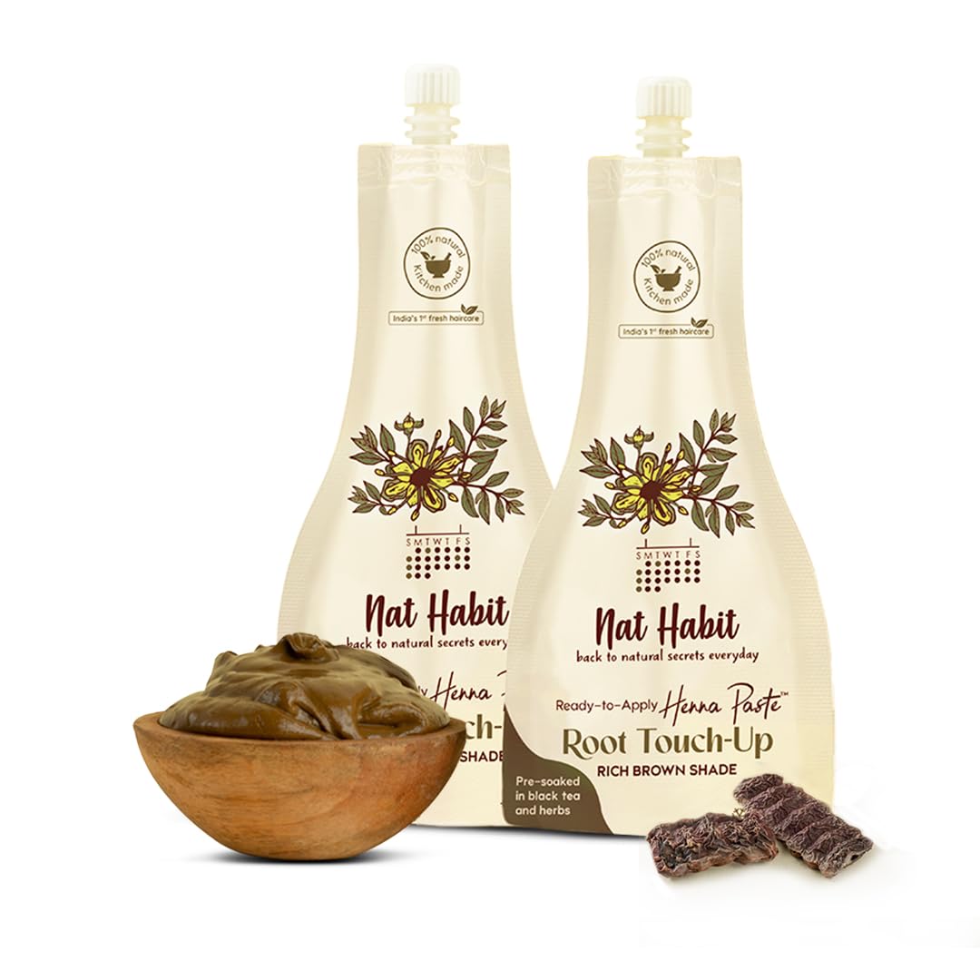 

Nat Habit - Fresh Ready To Apply Root Touch Up Henna Paste, Pre-Soaked in Black Tea and Herbs,100% Natural Rajasthani Henna, Imparts Rich Brown S