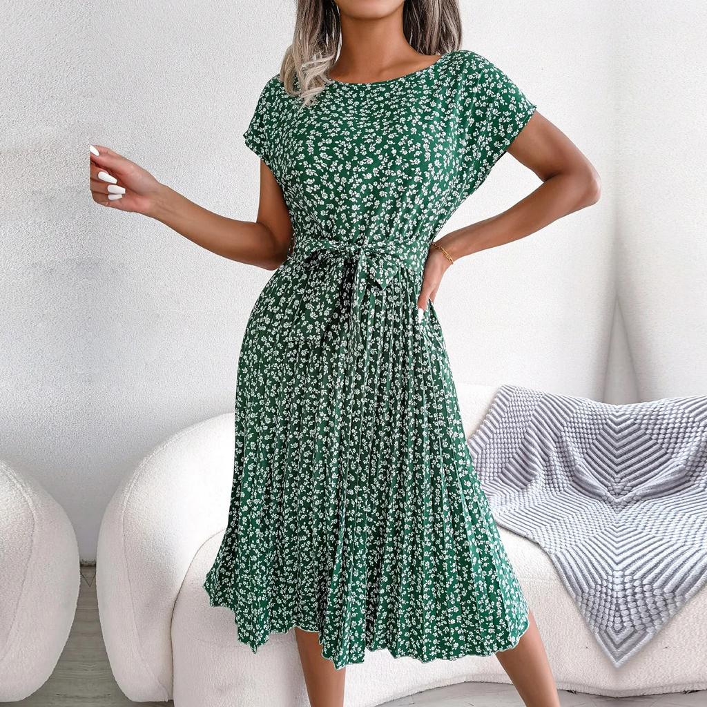 Damen Frühling Sommer Kurzarm Hohe Taille Schickes Kleid Mode Blumenmuster Plissee A-Linie Langes Kleid
