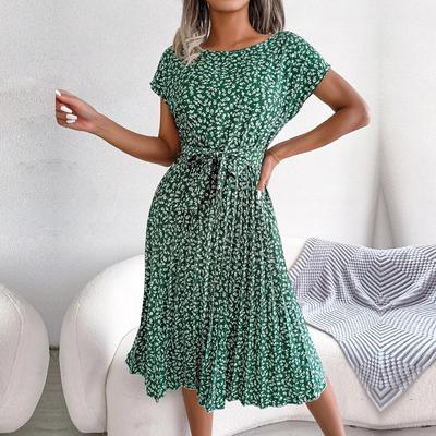 Kadın İlkbahar Yaz Kısa Kollu Yüksek Bel Şık Elbise Moda Çiçek Pilili A Hattı Uzun Elbise