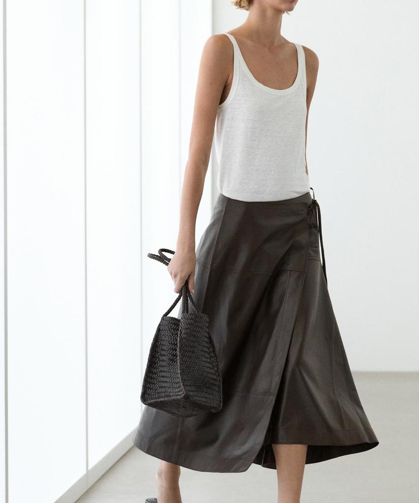 Masimodutti Napa Leather Bow Detail Midi Skirt