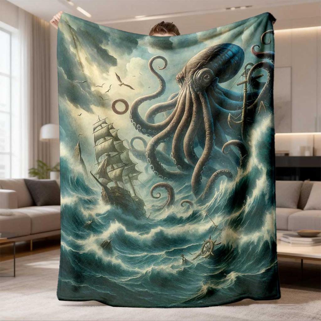 Bohemian Nautical Octopus & Ship Flannel Blanket - Soft - Throw Suitable for Sofa, Bed,, Office Nap | Maritime Bedspread with Ultrasound Printing, Mul