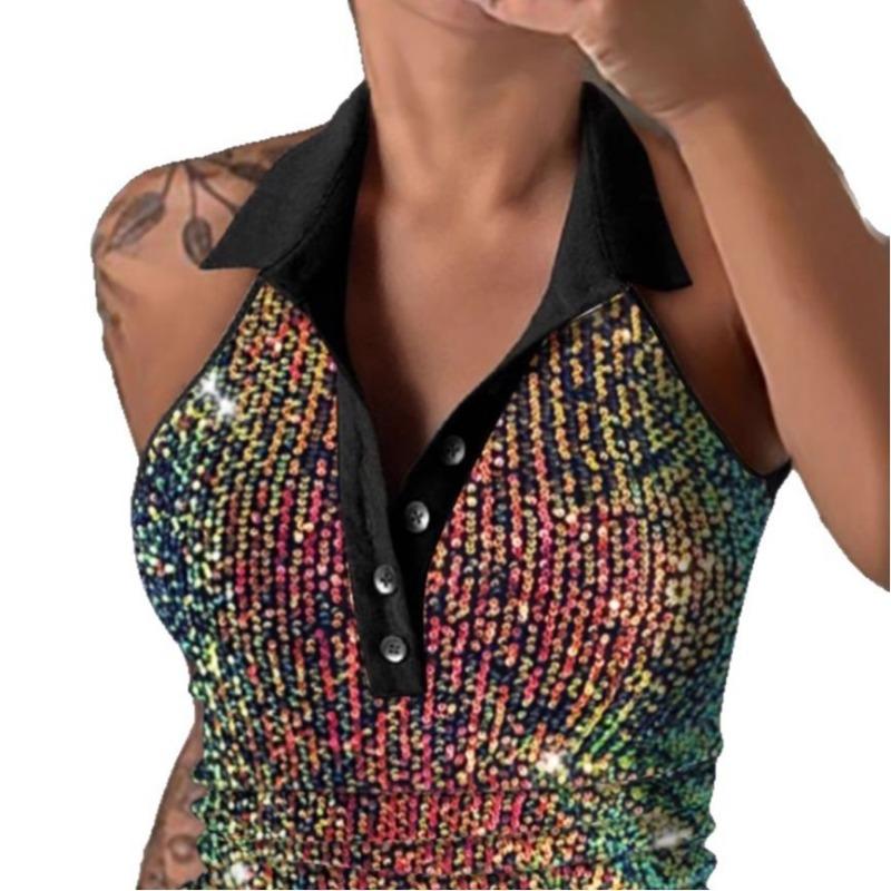 Jaro/léto Dámský sexy top bez rukávů s V-výstřihem, knoflíky a flitry