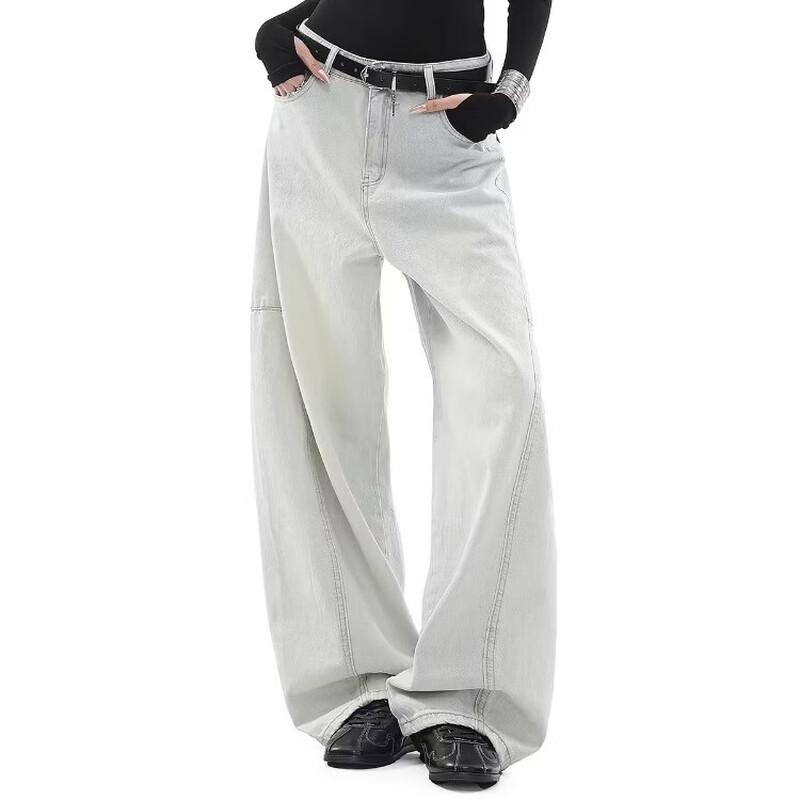 ICH MODE Washed Retro Straight Wide-Leg Jeans for Women L