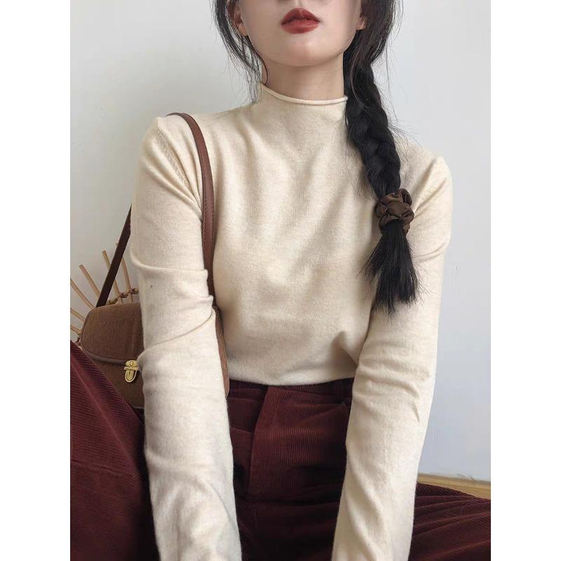 

Женская трикотажная базовая рубашка с полувысоким воротником, новинка осени и зимы, свободная и тонкая, мягкая, восковая, универсальный внутренний свитер-пуловер one size fits all абрикосовый