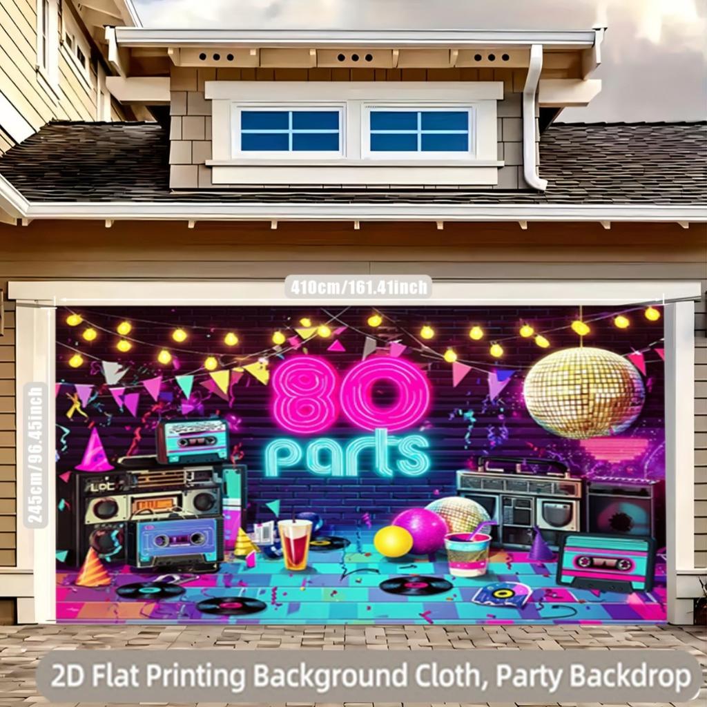 A 2D Flat Banner 1 Retro 80s Party Backdrop Banner Displaying the Neon "80 Parts" Logo