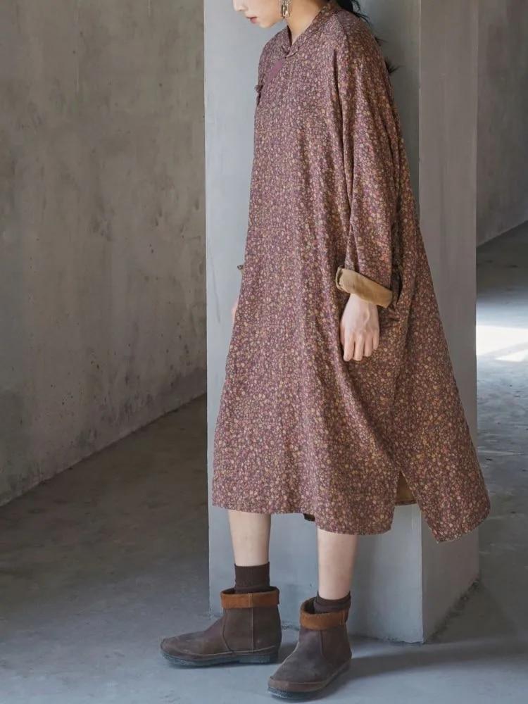 Johnature Women Vintage Print Floral Dresses Stand Long Sleeve Cotton Spring Chinese Style Robes Button Women Dress