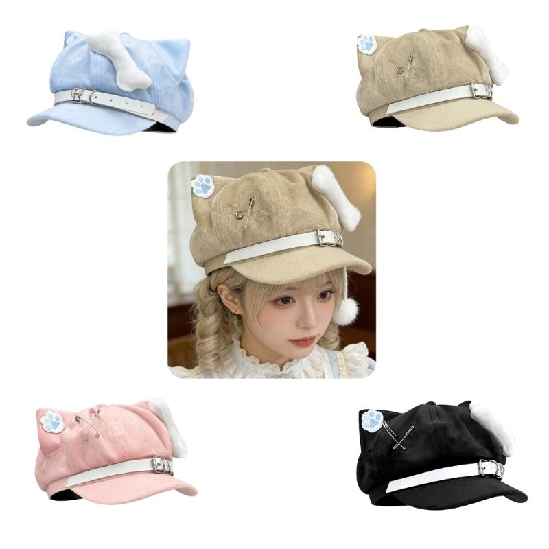 Bequemer achteckiger Hut für Damen Mädchen Katzenohren Barett Hut für Winter Herbst Anime Event 2000er Mode Kopfschmuck
