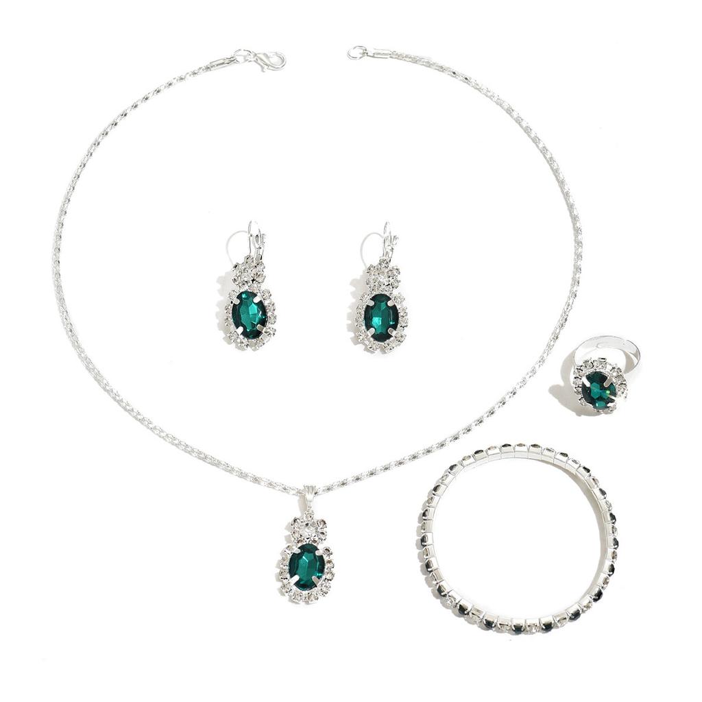 Shiny Diamond Drop Emerald Necklace Earrings Bracelet Ring Four-piece Set