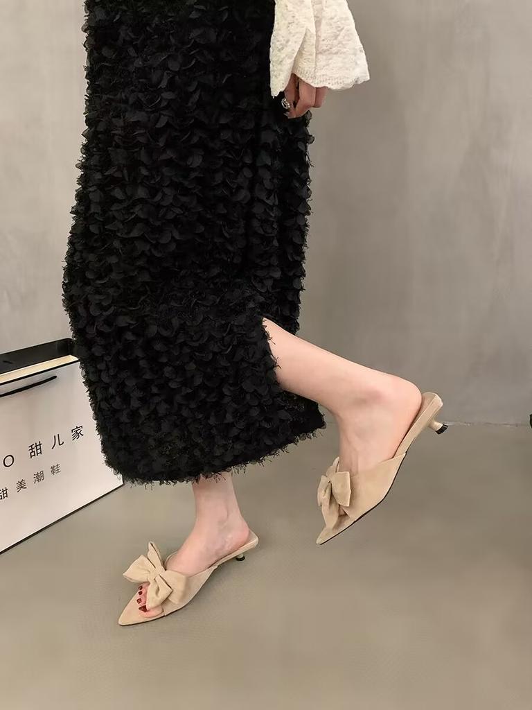 New Butterfly Knot Slipper Fashion Pointed Toe Slip On Ladies Elegant Sandal Thin Low Heel Peep Toe Slides Shoe Pumps Dress
