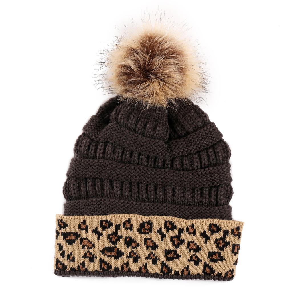 New Rolled Up Thickened Warm Knitted Cap  Winter Woolen Cap  Leopard Print Fashionable Pile Cap