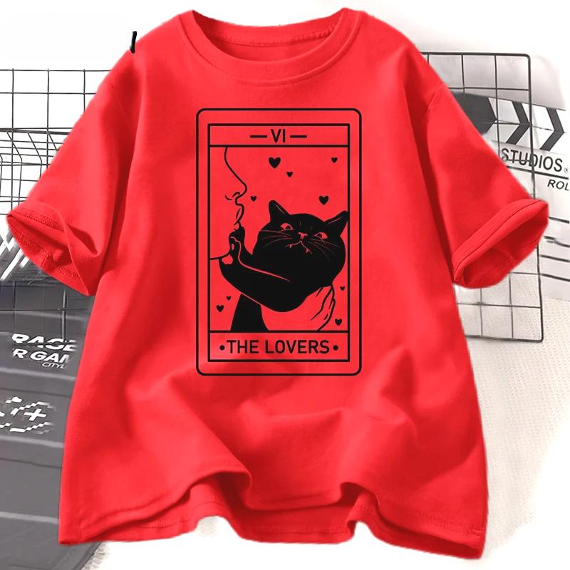 

Таро Влюбленные Футболка с коротким рукавом Футболка для любителей кошек Футболка с графикой сумасшедшей кошатницы Харадзюку Повседневная винтажная одежда Футболки 4XL