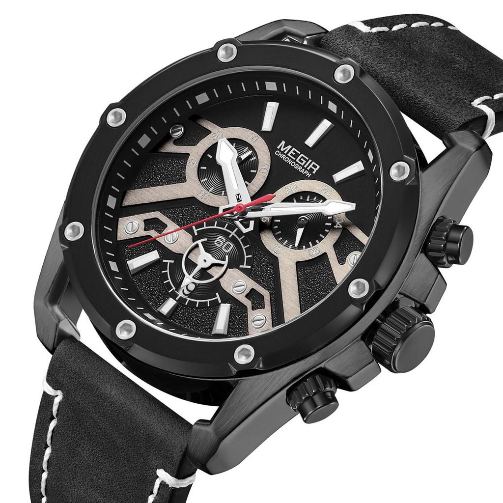 Megir Offizielle Quarz Männer Uhren Mode Echtes Leder Chronograph Militär Uhr Uhr Männer Relogio Masculino Erkek Kol Saati
