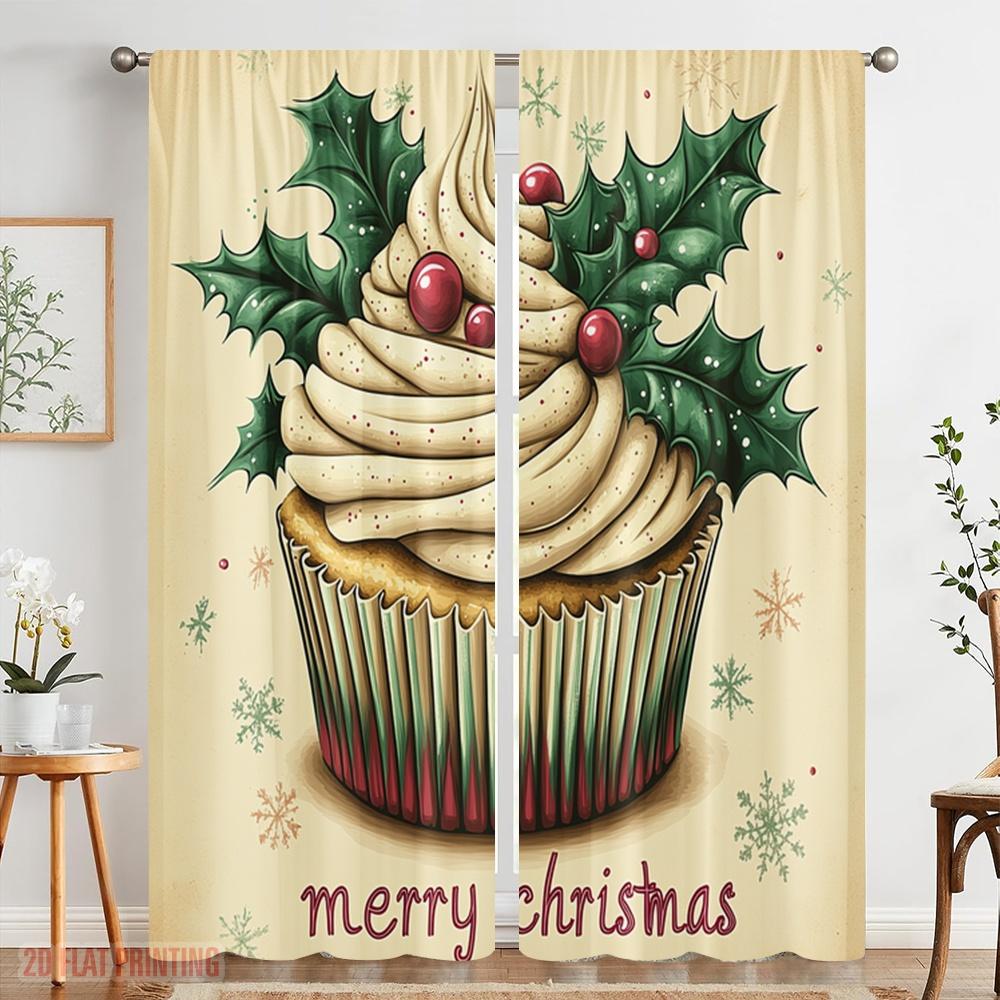 2 Stück, 2D-Flachdruckmuster Vorhänge Weihnachten Cupcake Stechpalme Kiefer (2) Vielseitiges Polyester (ohne Stange) Art Deco Festlich für